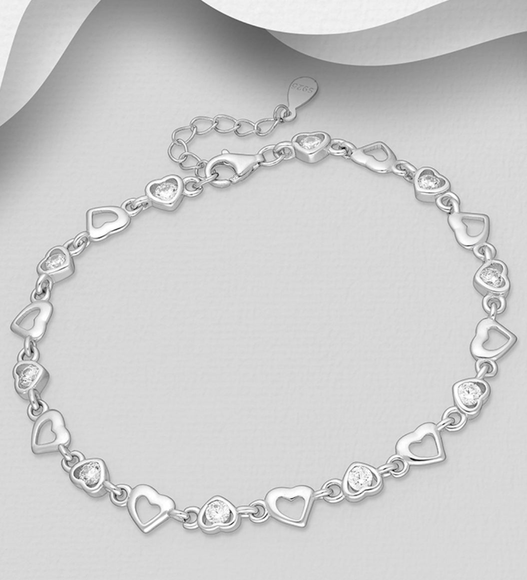 Sterling Silver Heart Bracelet, decorated with CZ Simulated Diamonds