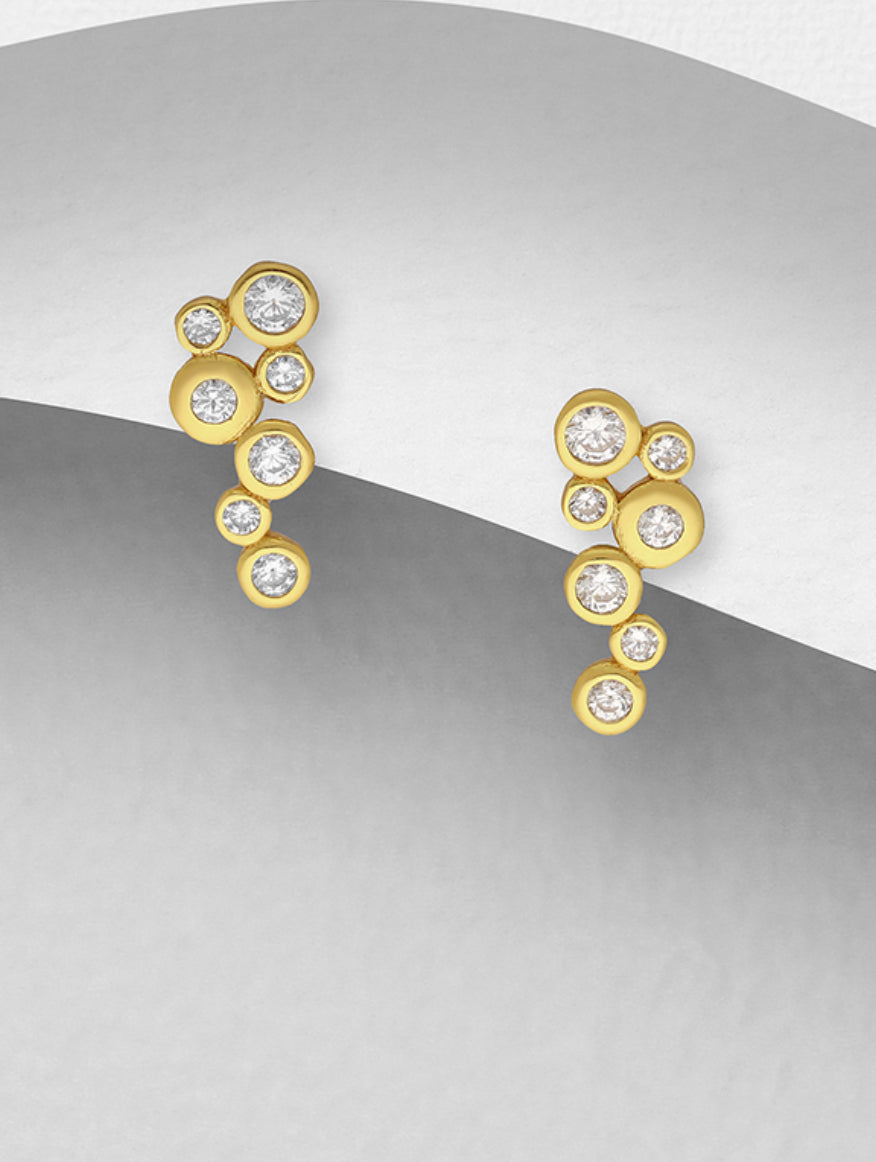 18k Gold-Plated, Sterling Silver Bubbles, Push-Back Earrings decorated with CZ Simulated Diamonds