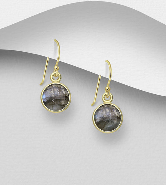 9k Gold-Plated Sterling Silver Hook Earrings, decorated with Labradorite or Rainbow Moonstone