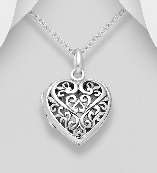 Sterling Silver Oxidised Heart And Swirl Locket Pendant